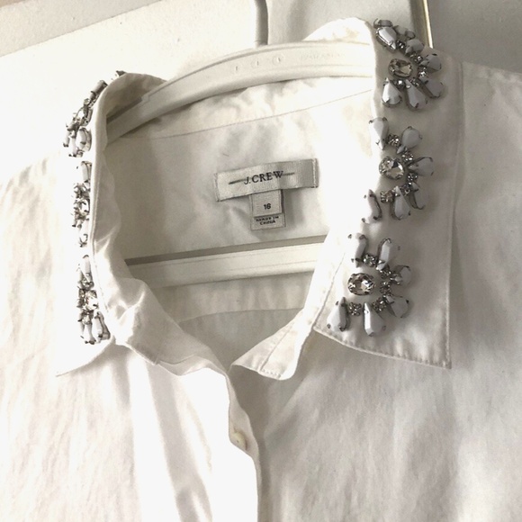 J. Crew White Jewelled Collar Blouse Stretch Shirt, Size 16, Embellished - Picture 4 of 10